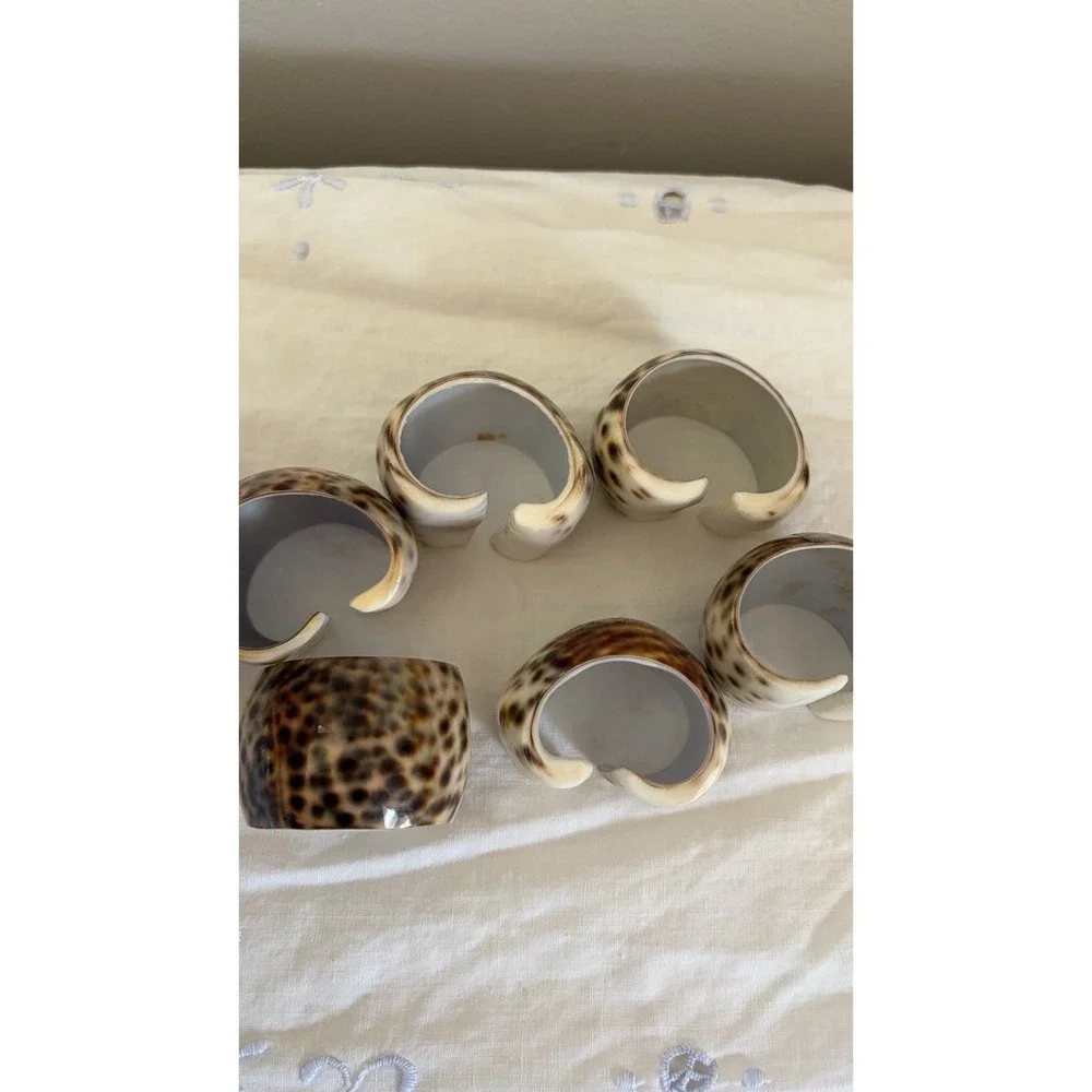 Vintage Tiger Cowrie Shell Napkin Rings Set Of 6 Coastal Beach Table Decor